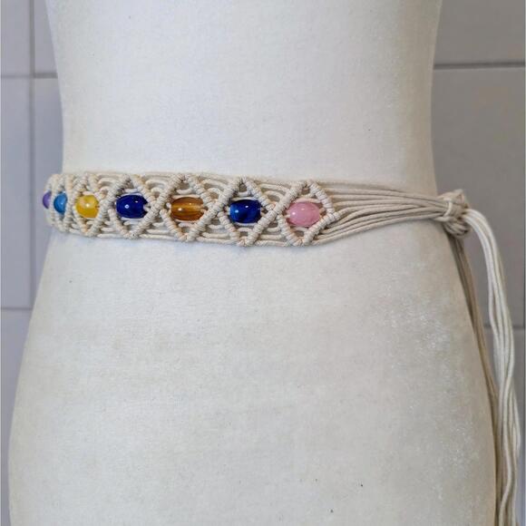 Vintage y2k macrame knotted cord multicolor glass bead tie belt - Picture 3 of 4